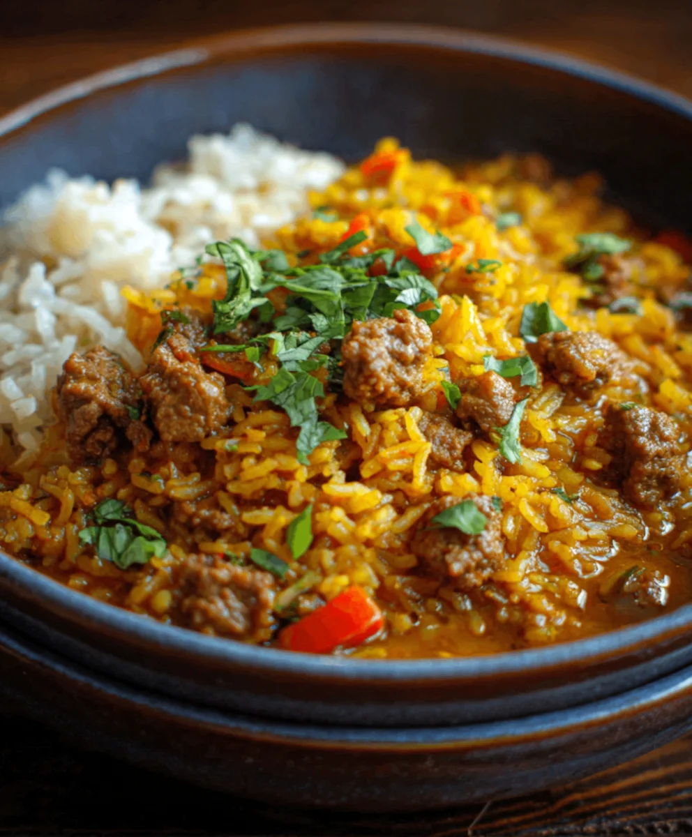 Schneller Curryreis mit Rinderhackfleisch
