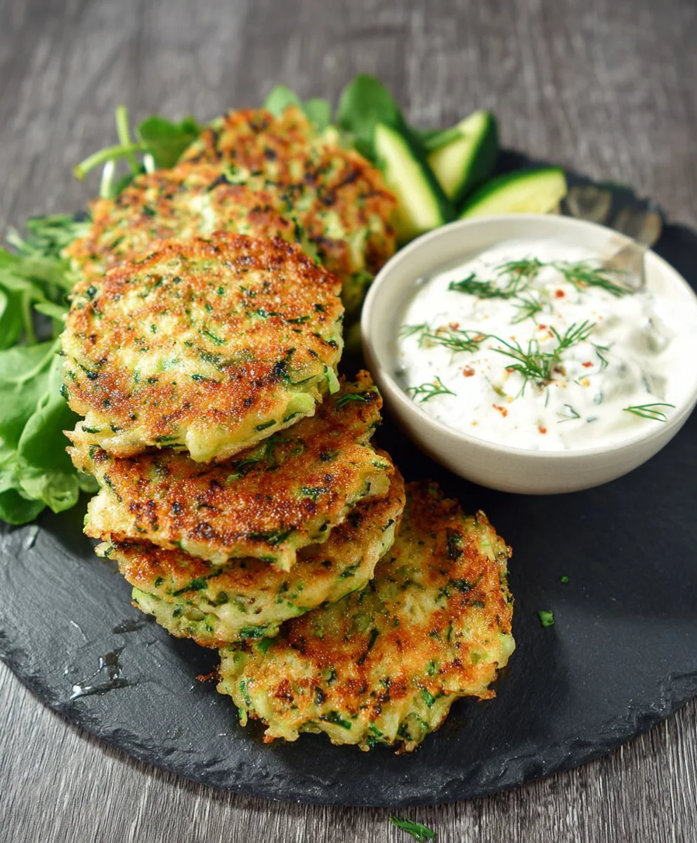 Zucchini-Puffer Rezept: Fitness-Gericht m. Knoblauch-Dip