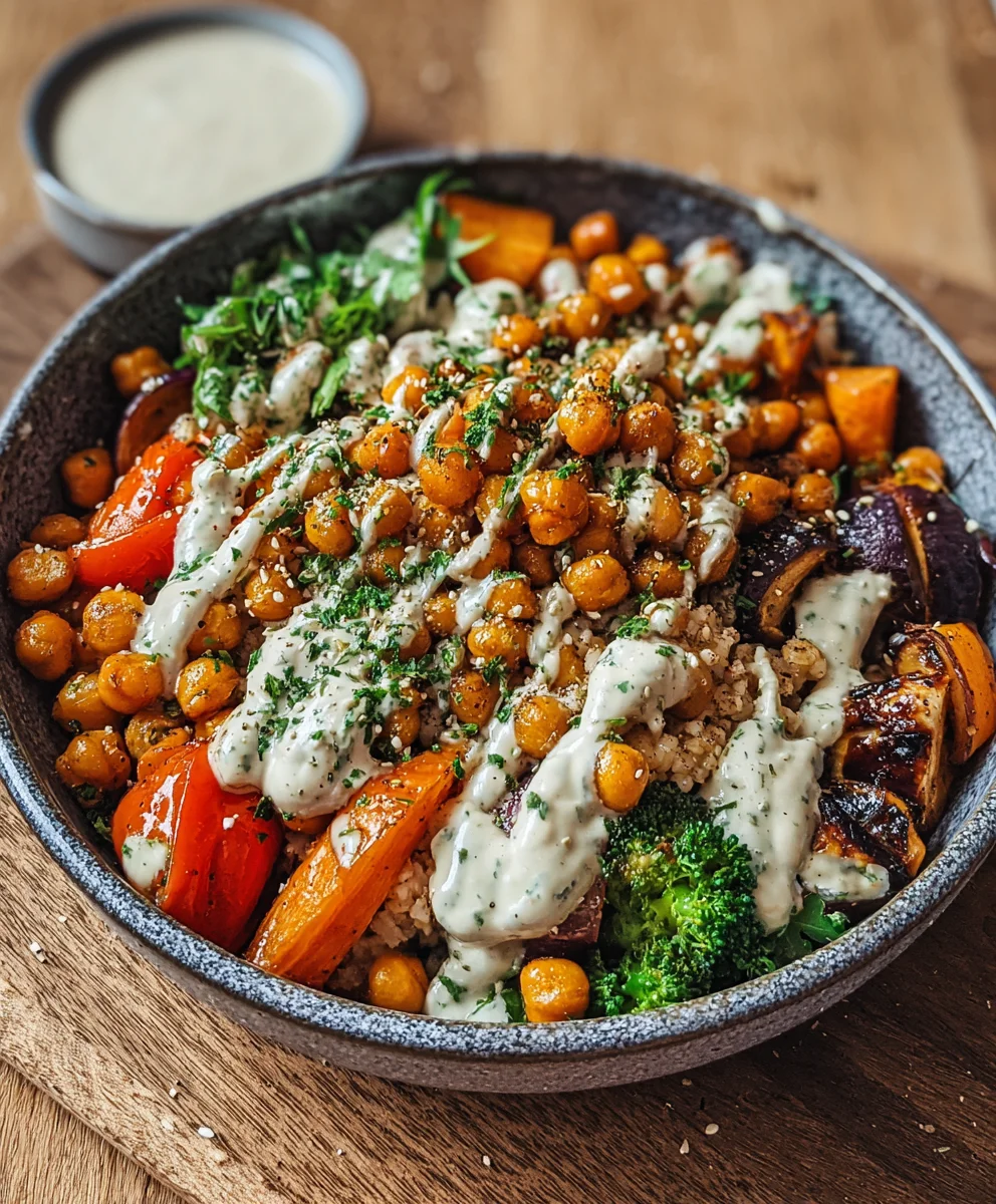 Geröstetes Gemüse & Kichererbsen Bowl: Tahini Dressing