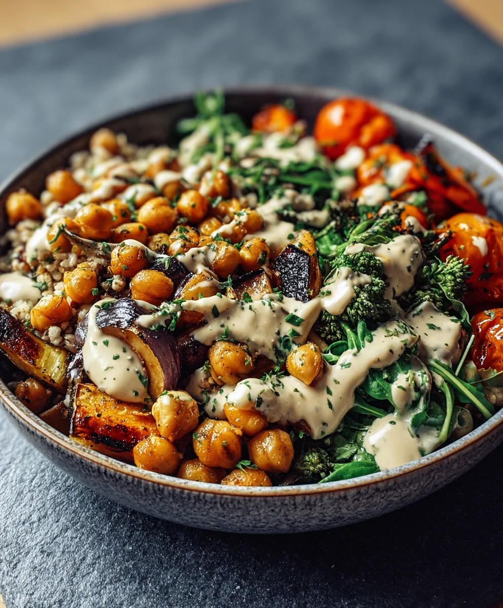 Geröstetes Gemüse & Kichererbsen Bowl: Tahini Dressing