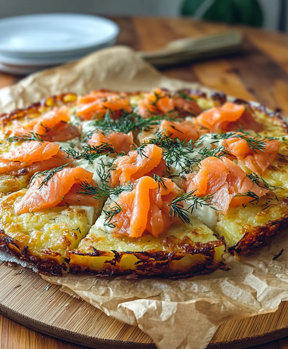 Einfache Kartoffelpizza mit Räucherlachs (vegan)